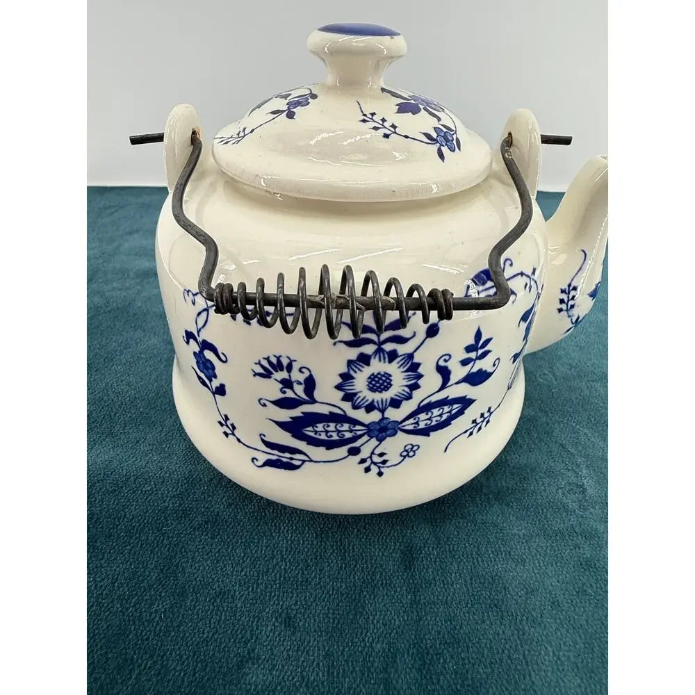 Blue Onion Floral Ceramic Tea Kettle Vintage Japan Farmhouse Cottage Teapot 9x7